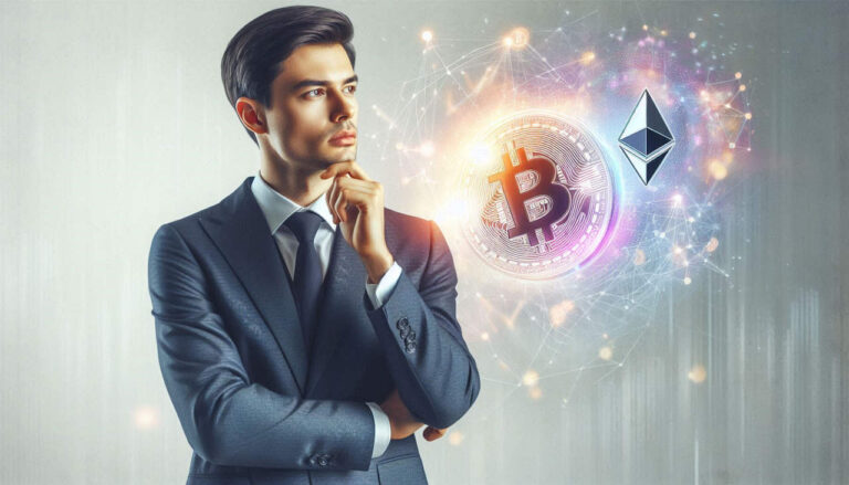 مردی در حال فکر کردن به اتریوم و بیت کوین-بیت کوین بخریم یا اتریوم